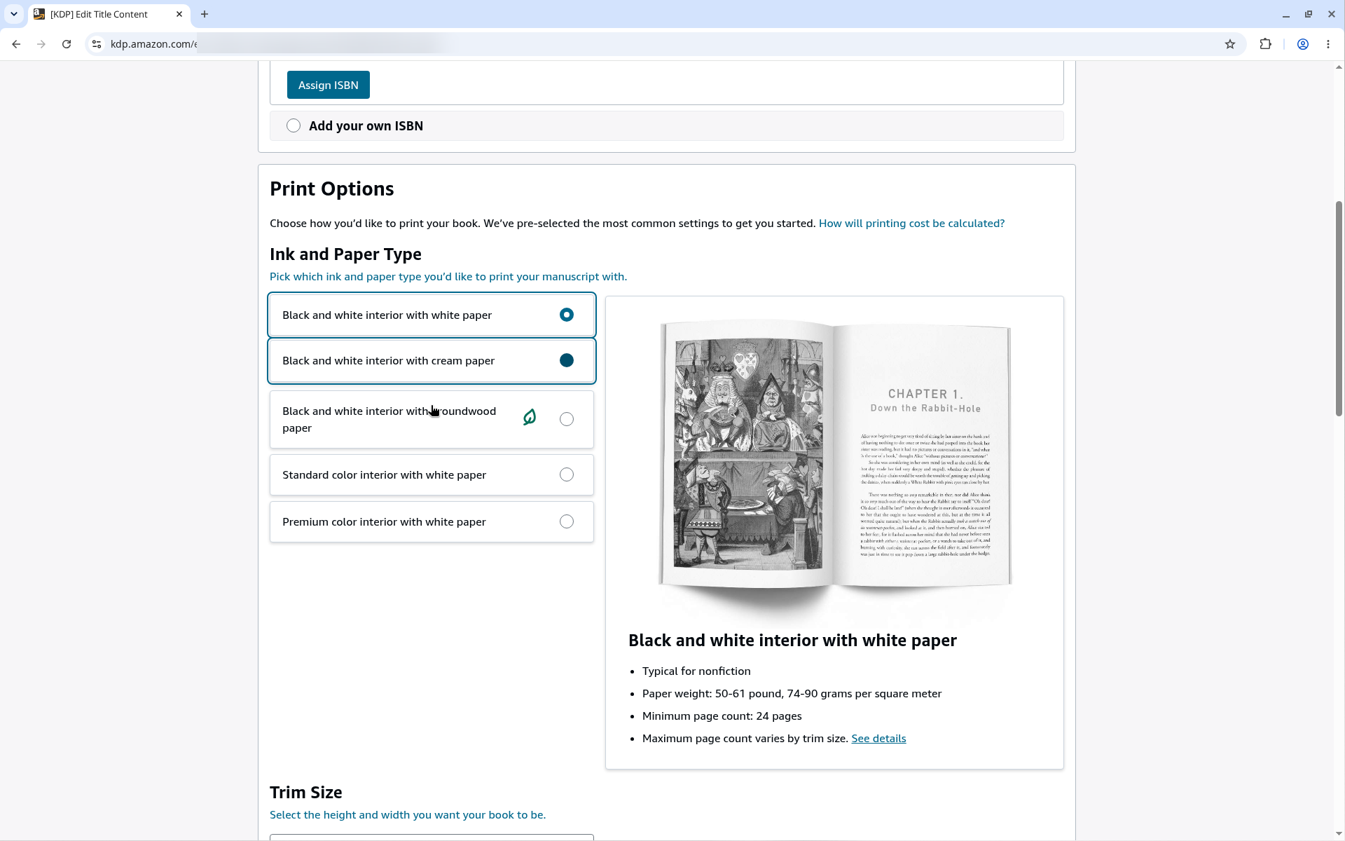 KDP Print Options showing ink and paper type choices including Premium color interior with white paper