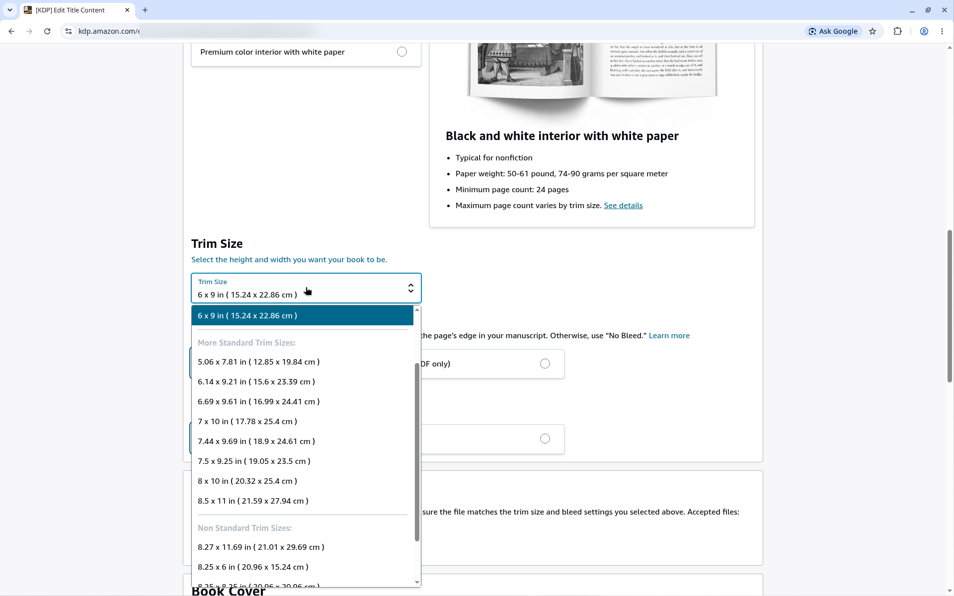 KDP trim size dropdown open showing standard and non-standard paperback trim sizes