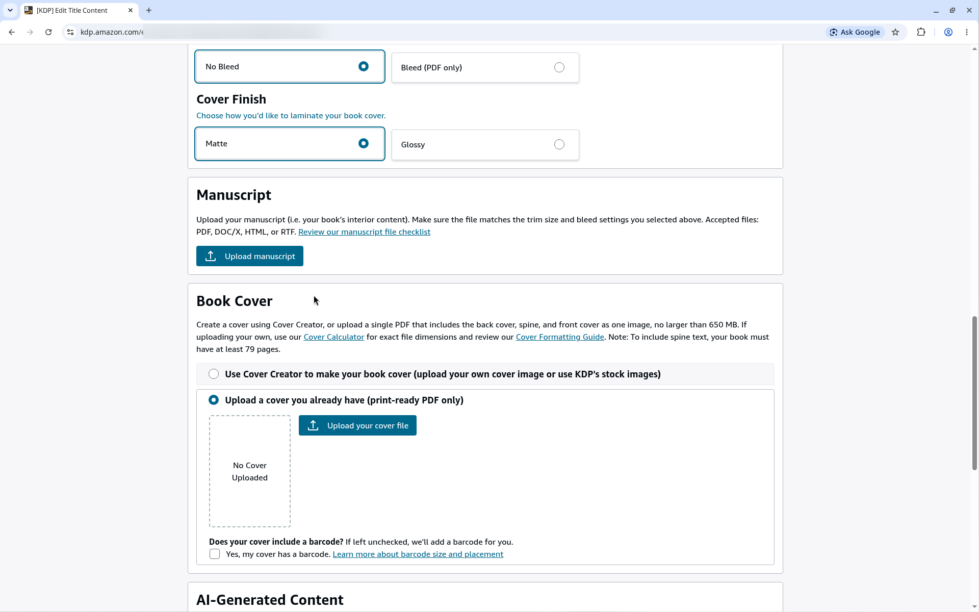 KDP Book Cover section with Upload a cover you already have (print-ready PDF only) selected