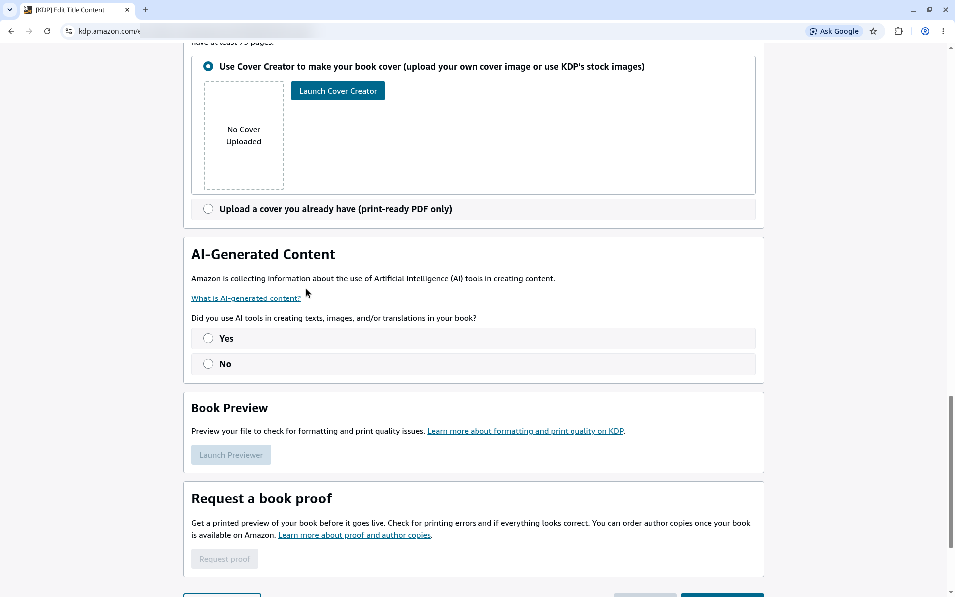 KDP AI-Generated Content question, Book Preview and Request a book proof sections