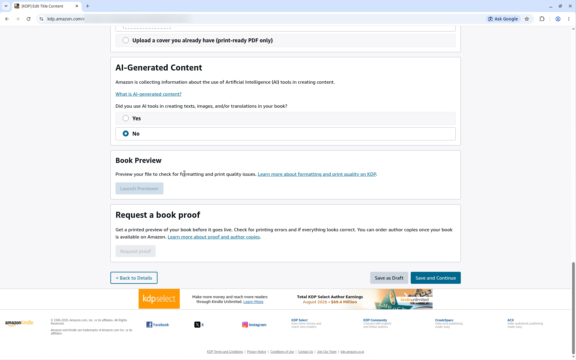 Bottom of the KDP Paperback Content page with Back to Details, Save as Draft and Save and Continue buttons