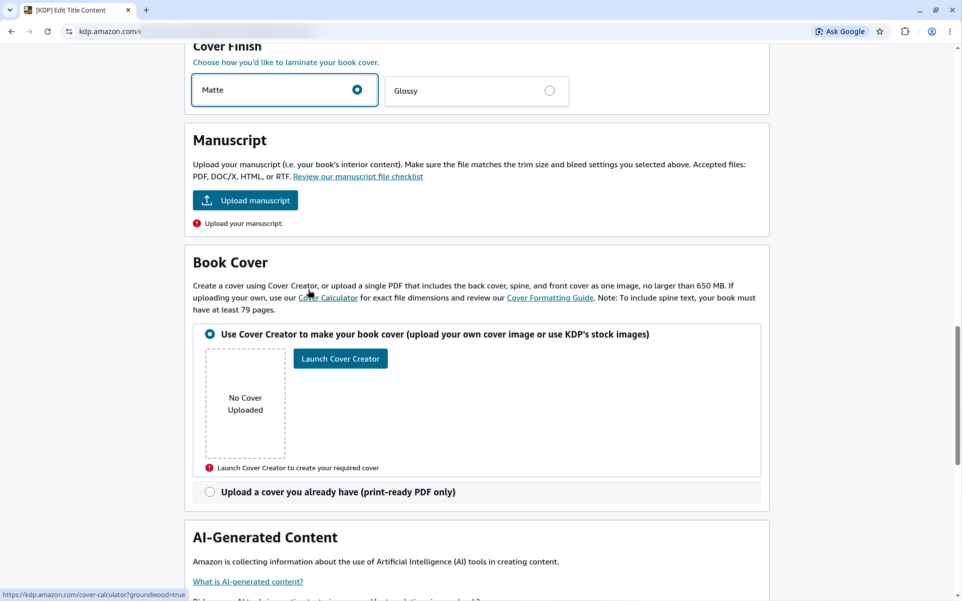 KDP validation errors asking to upload a manuscript and create a cover