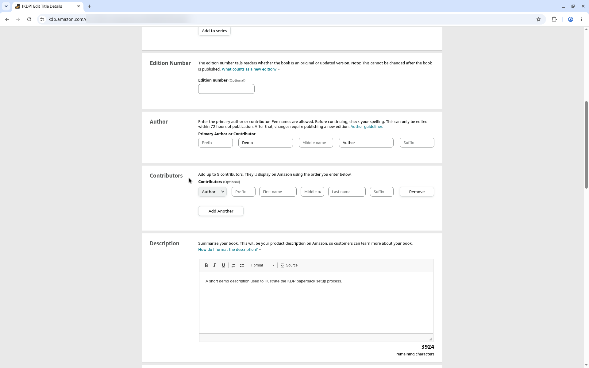 KDP Paperback Details page showing Edition Number, Author, Contributors and Description fields