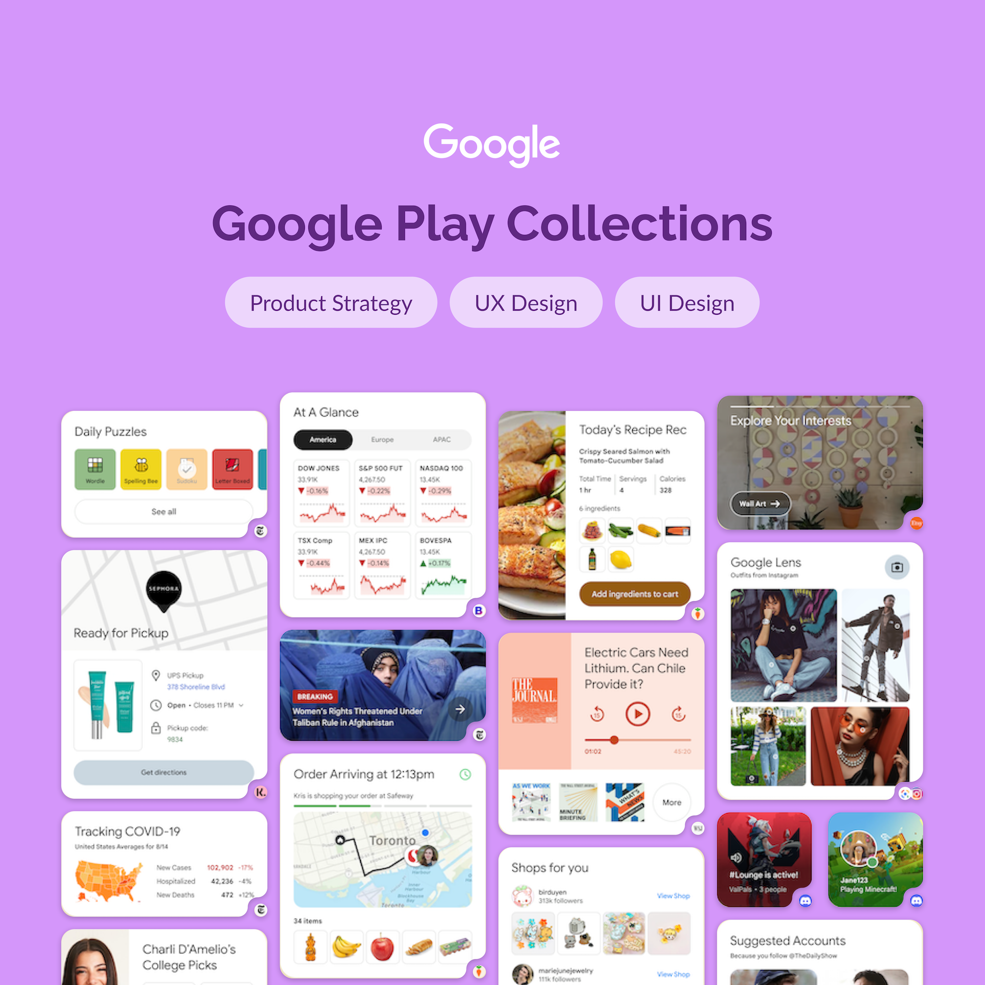 UI/UX work and design strategy for Collections by Google Play, a home screen widget that surfaces content from your installed apps. Launched at I/O 2024.