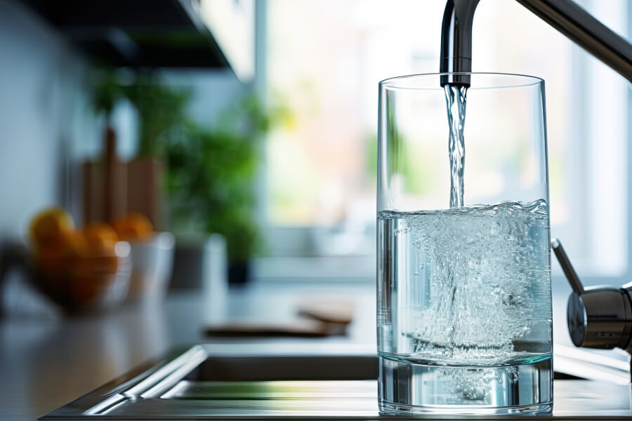 Glass being filled with clear water at sink