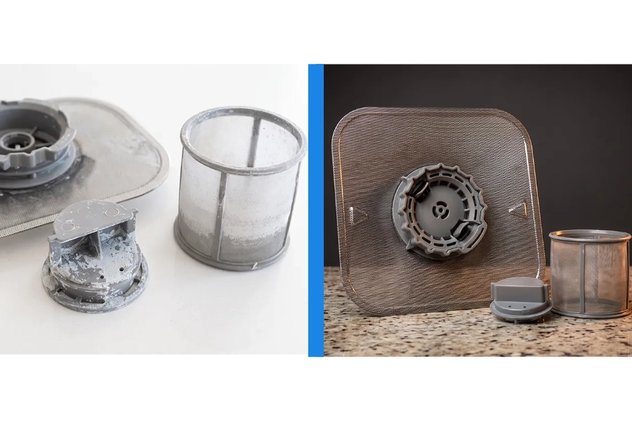 Dishwasher filters after cleaning on the left and before cleaning with visible buildup on the right, separated by a blue divider.