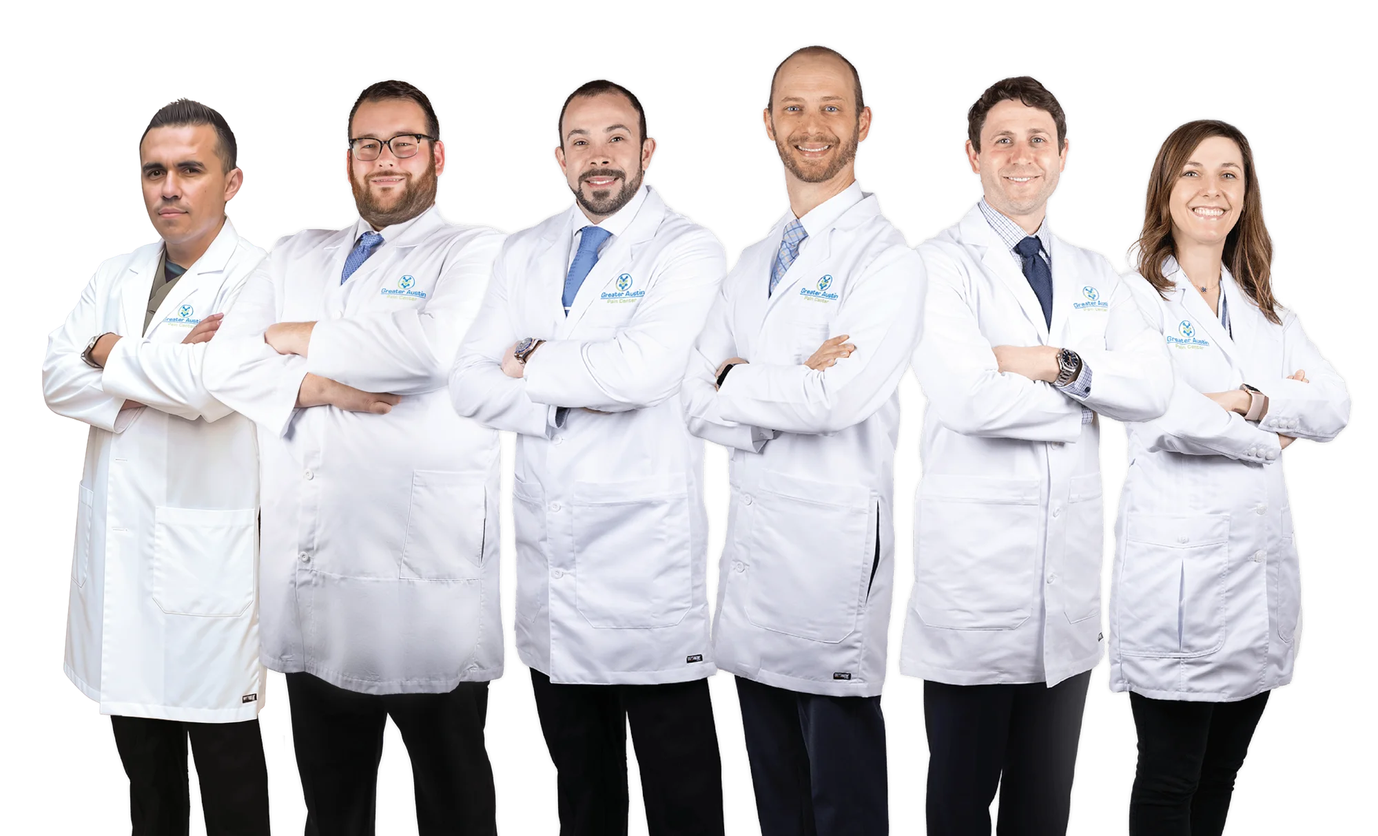 5 doctors in white coats, Greater Austin Pain Center