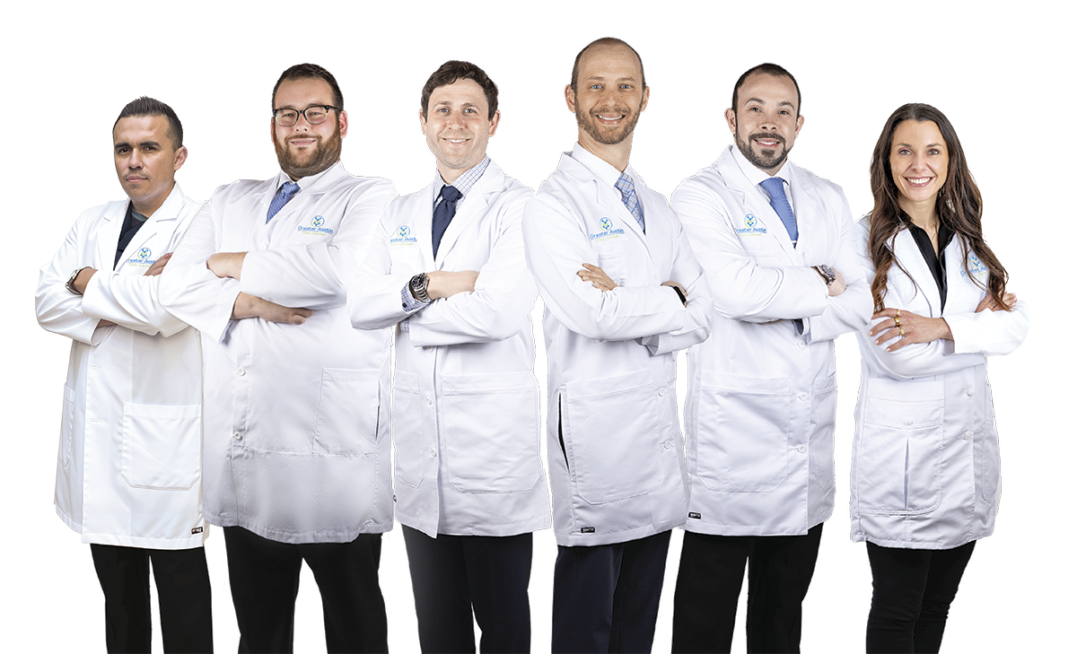 5 doctors in white coats, Greater Austin Pain Center