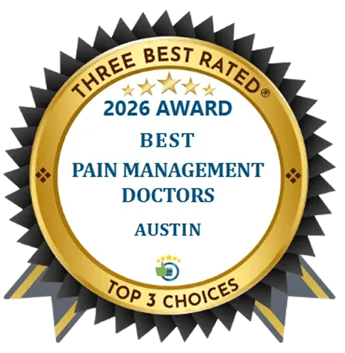 Gold and black badge reading "Three Best Rated® 2026 Award - Best Pain Management Doctors - Austin - Top 3 Choices," indicating recognition of top pain management specialists in the Austin area.