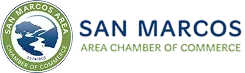 San Marcos Area Chamber of Commerce logo featuring a blue river, white birds, and green text.