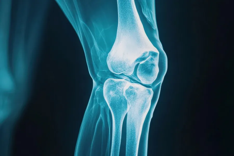 X-ray image of a human knee joint showing the femur, tibia, and patella bones.
