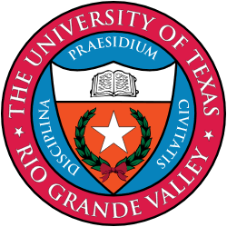 Seal of The University of Texas Rio Grande Valley with star, book, and laurel wreath.
