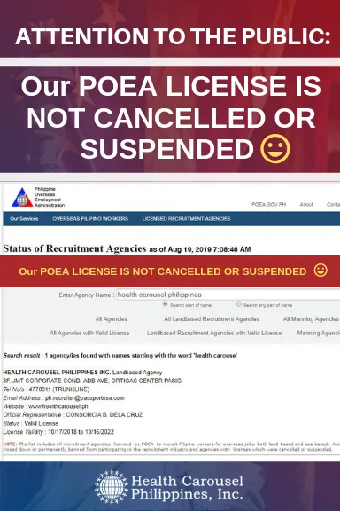 ATTENTION TO THE PUBLIC: Our POEA License is in Good Standing