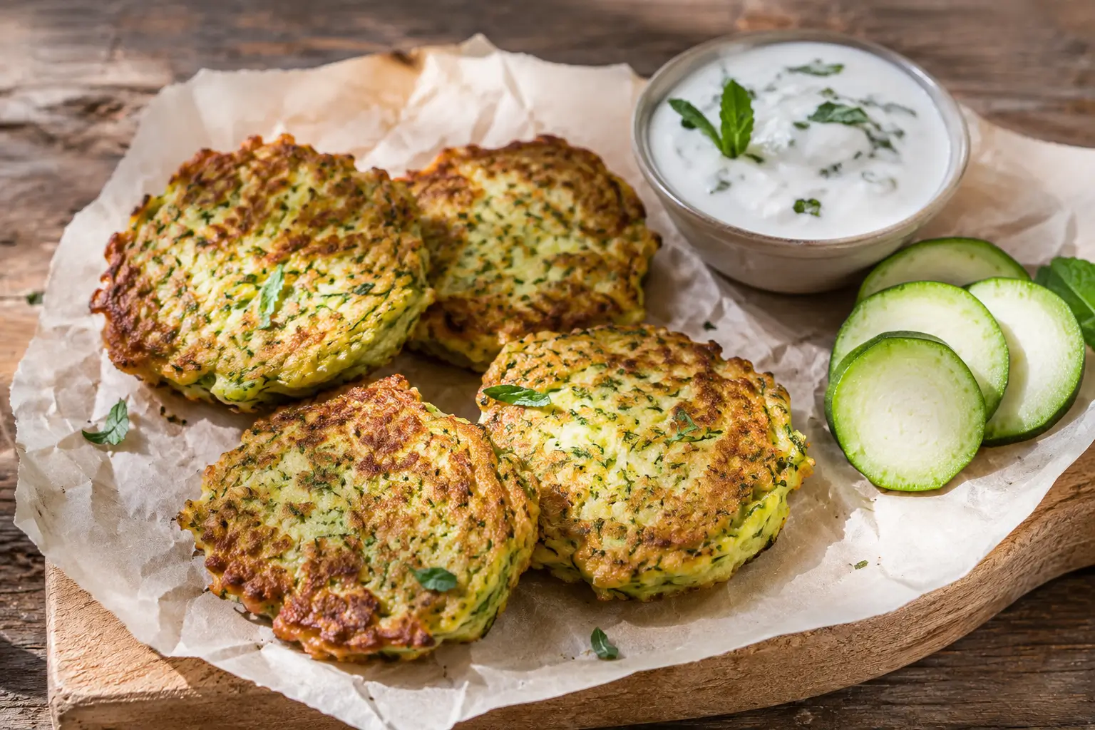 Galettes de courgettes croustillantes au parmesan dorées dans une poêle, servies avec sauce yaourt menthe fraîche