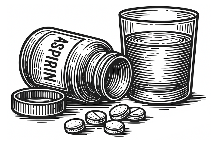 A black and white illustration of a bottle of aspirin and a glass of waterAI-generated content may be incorrect.