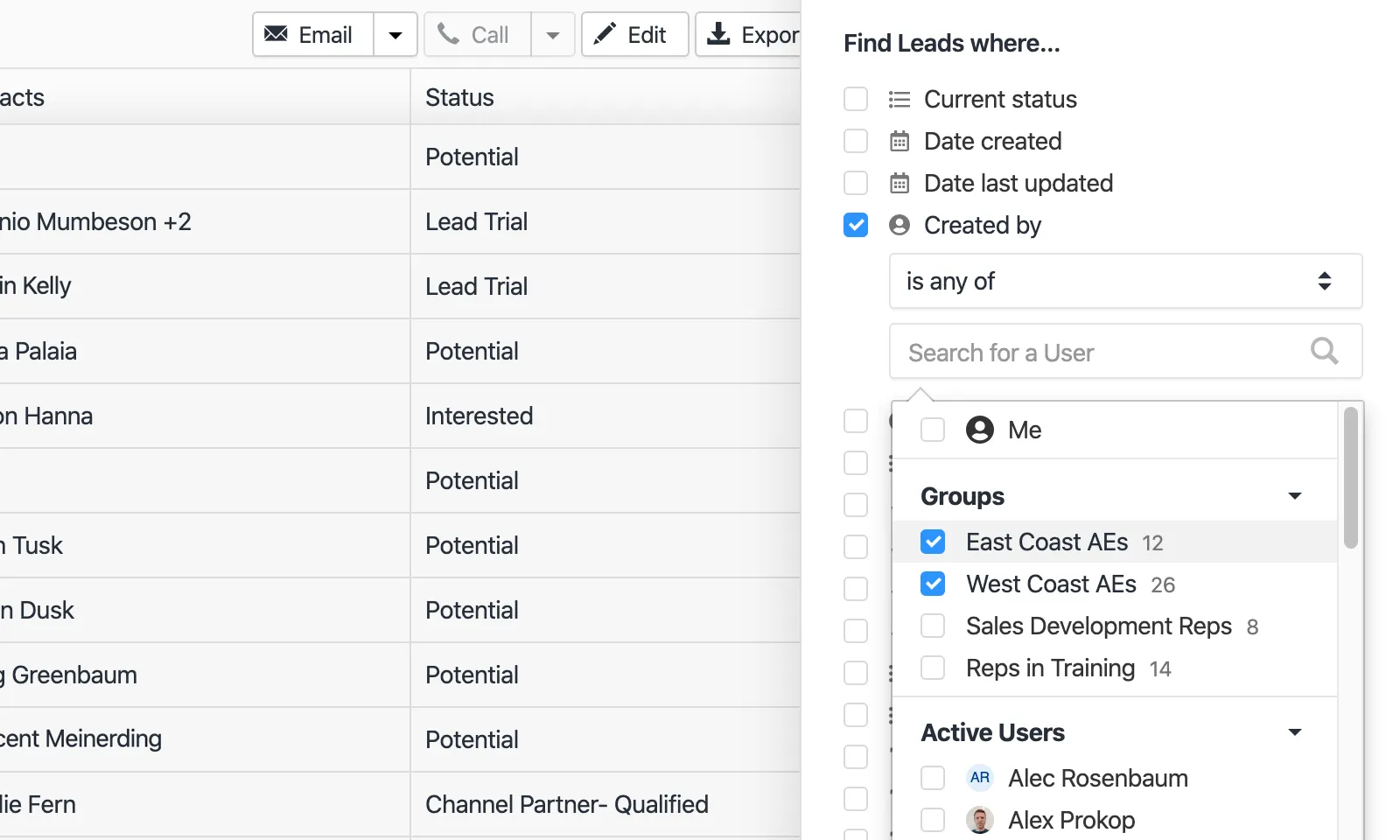 Sales CRM - Search Leads by Groups