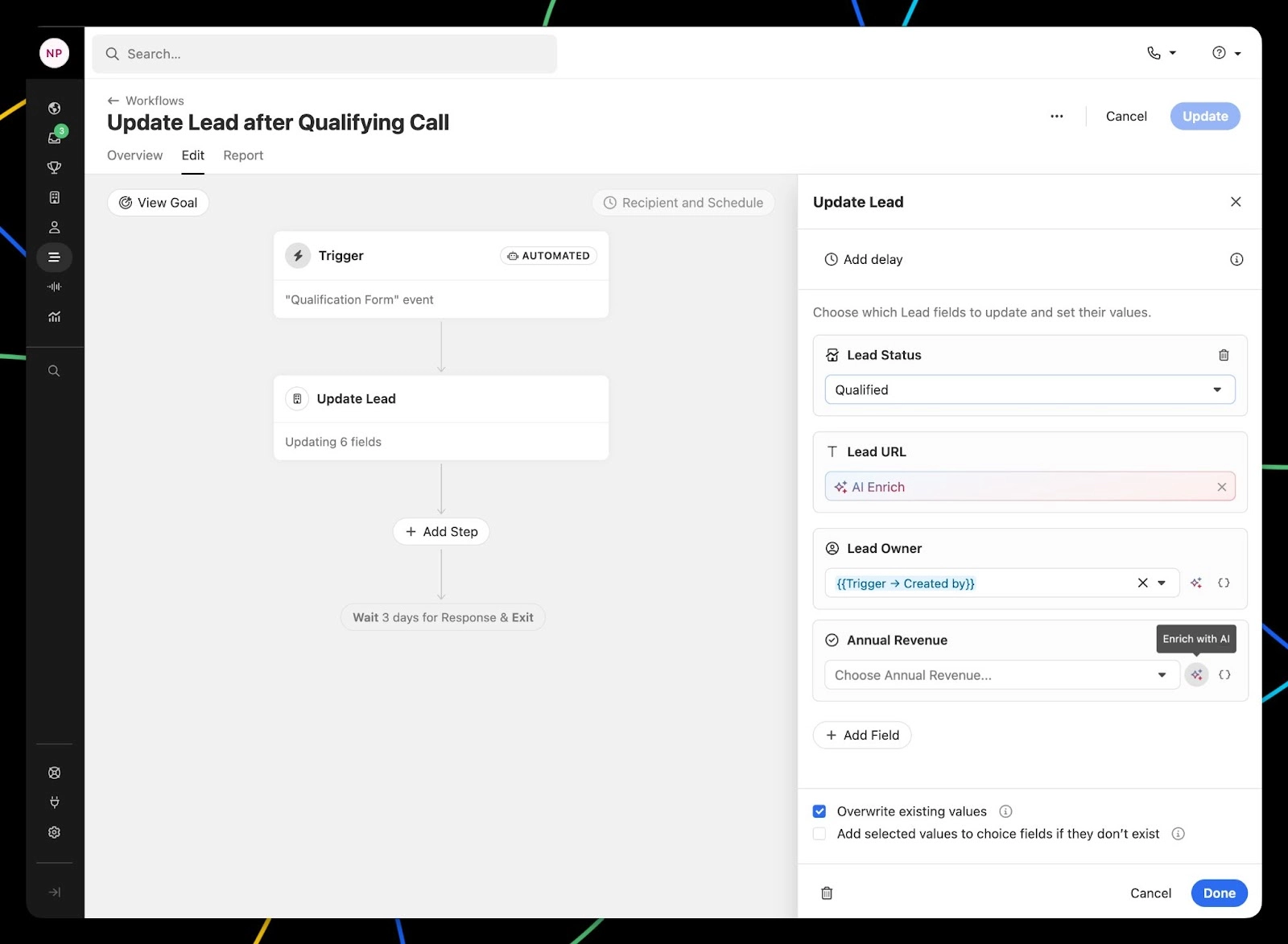 update a lead with AI Enrich via a Workflow