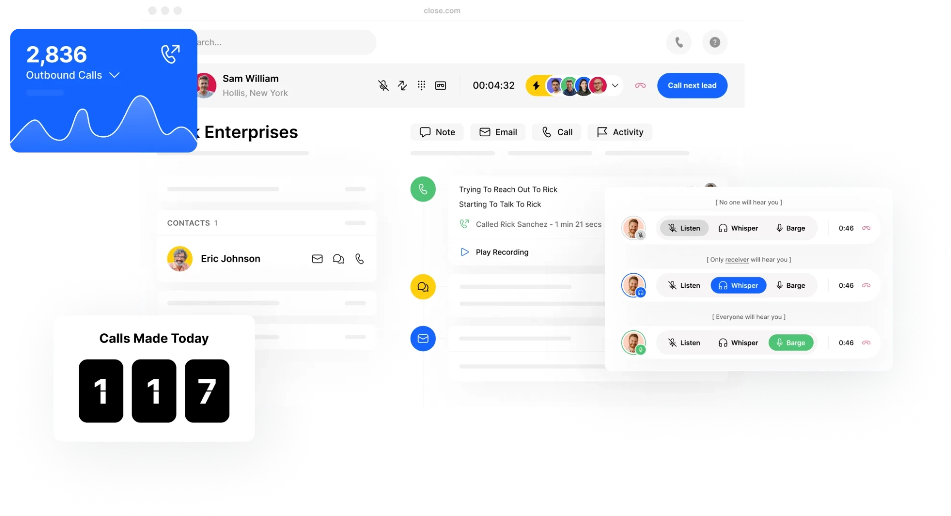 example of the built-in calling and SMS dashboard from Close