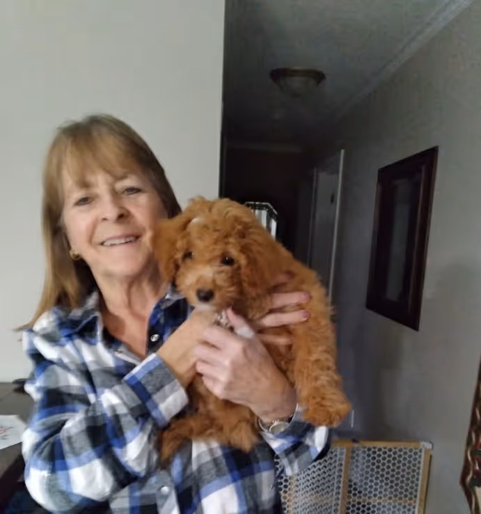 Glenda happy with puppy from Green Bush Kennel