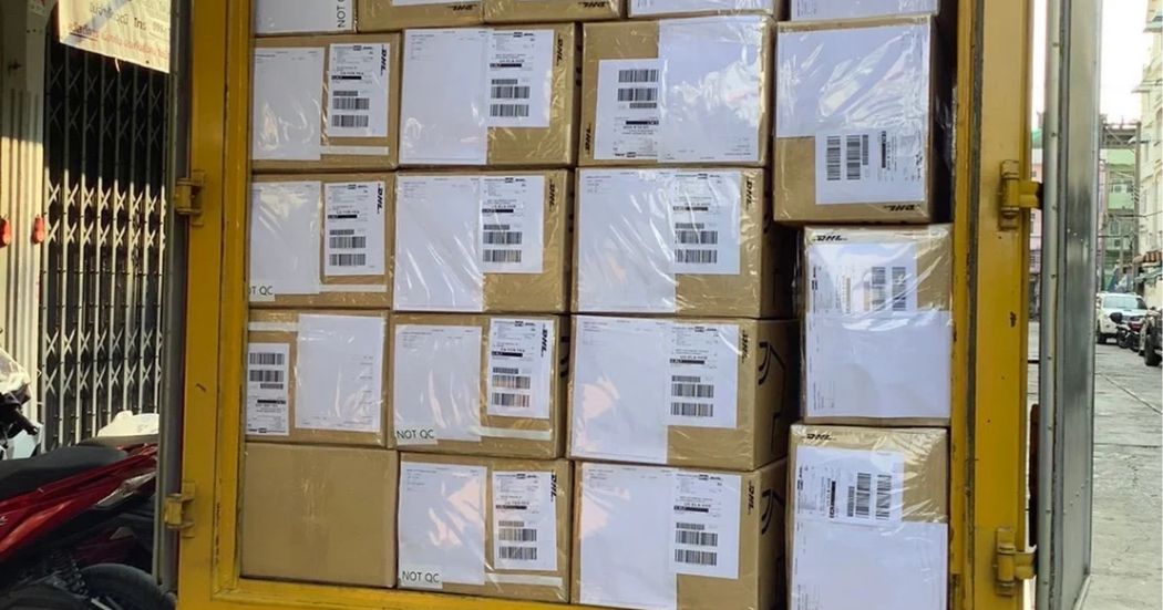 Boxes of finished merch loaded for DHL export