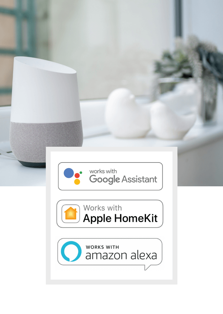 All our devices work with Apple Homekit, Google Home and Amazon Alexa