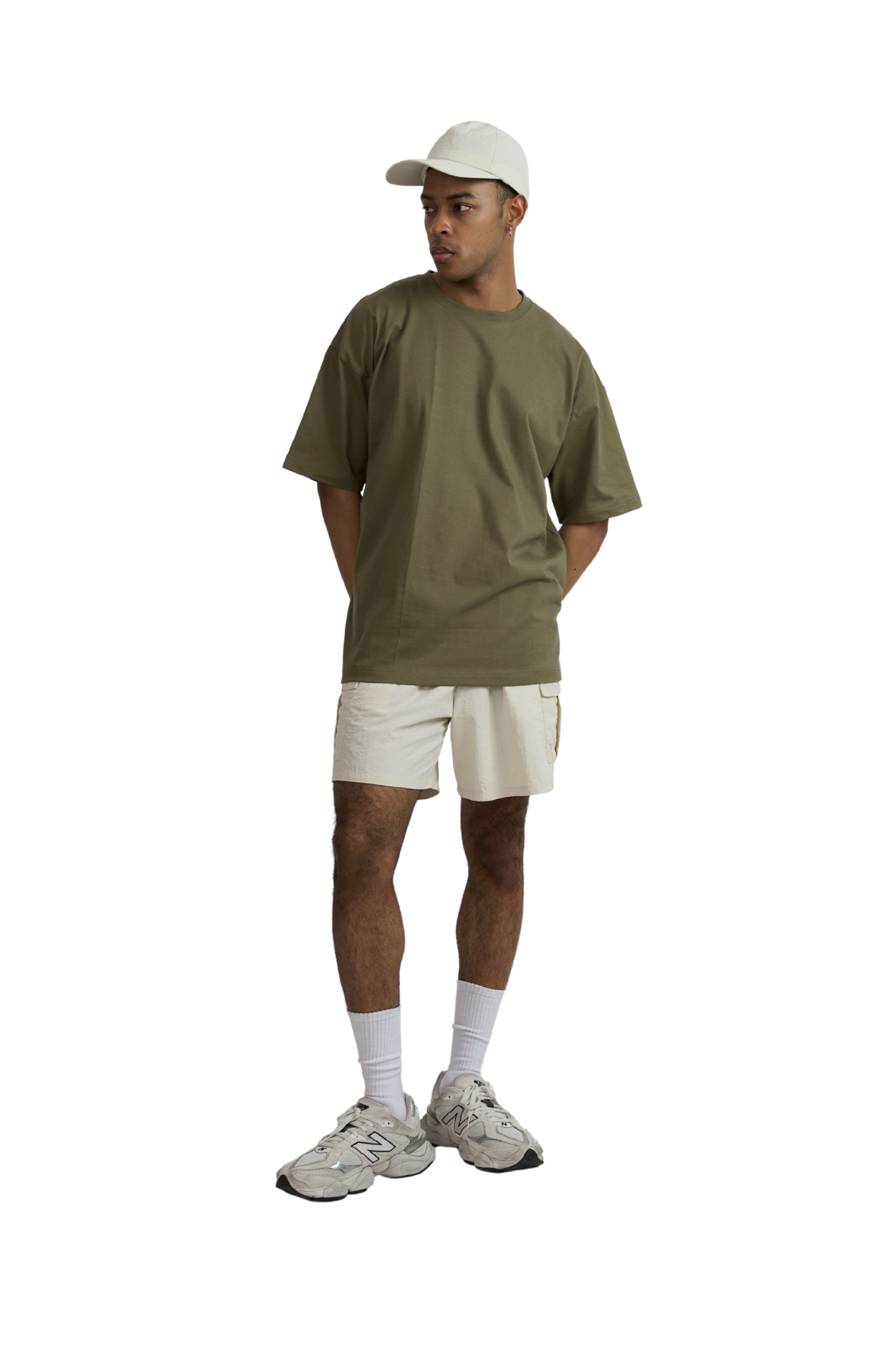 Olive Basic Oversize oversized tee worn with white shorts, full-length view