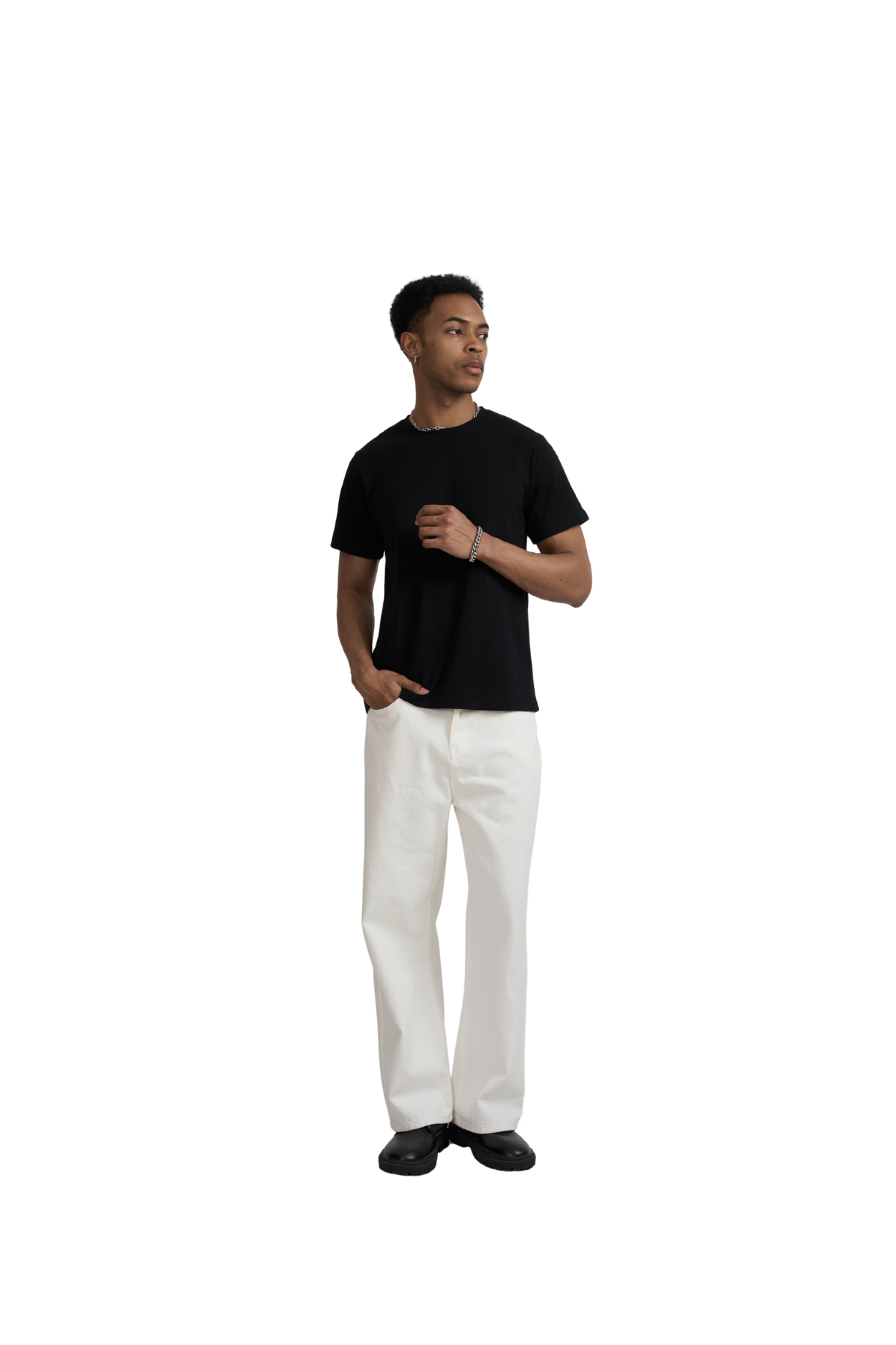 Black regular-fit tee worn with white trousers, full-length view