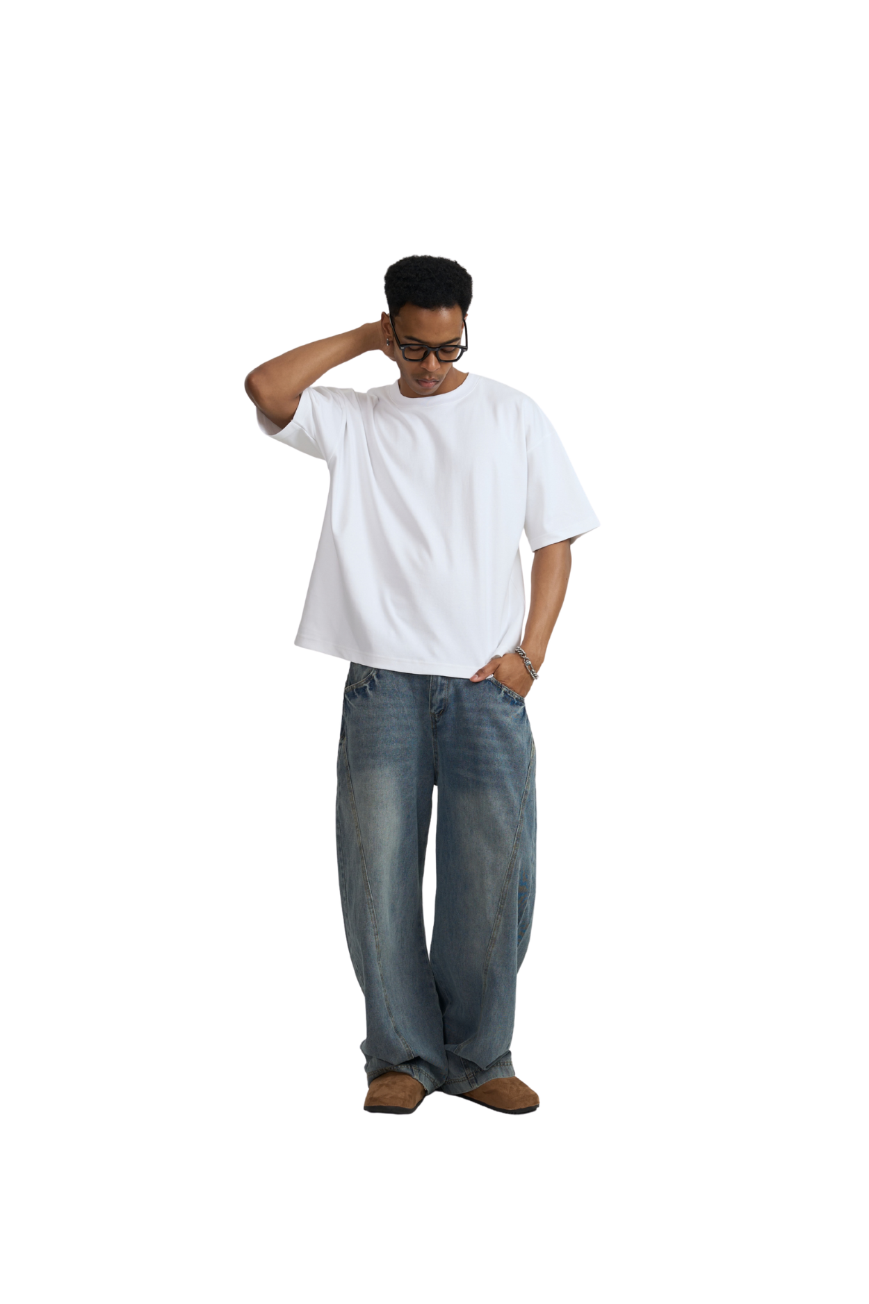 White boxy heavyweight tee worn with wide-leg jeans, full-length view