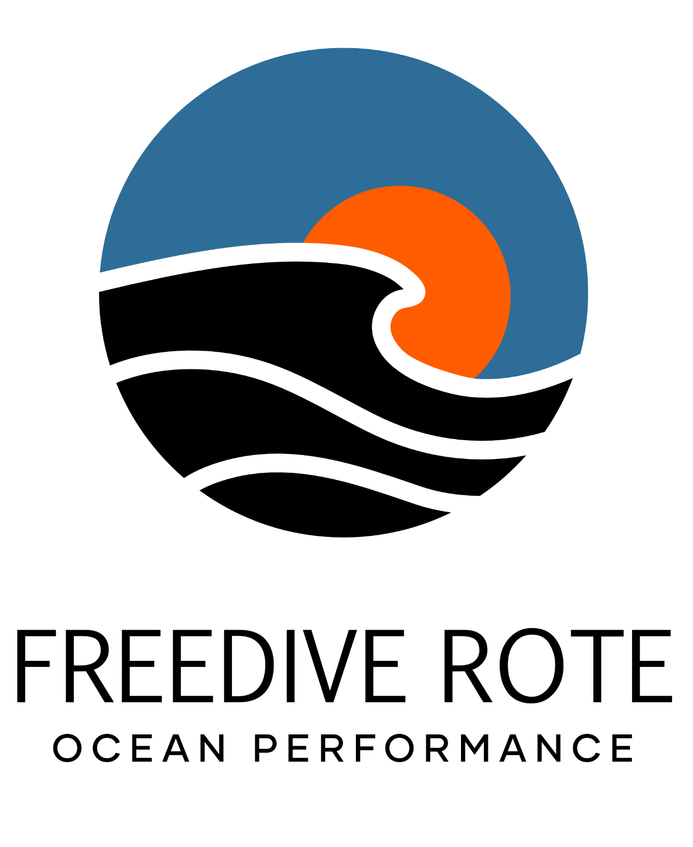 Logo with stylized black waves outlined in white over blue circle with an orange sun in background.