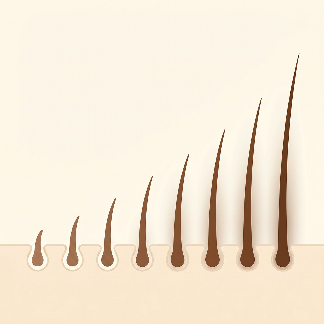 Illustration showing stages of hair growth emerging from skin follicles, with hair increasing in length from left to right.