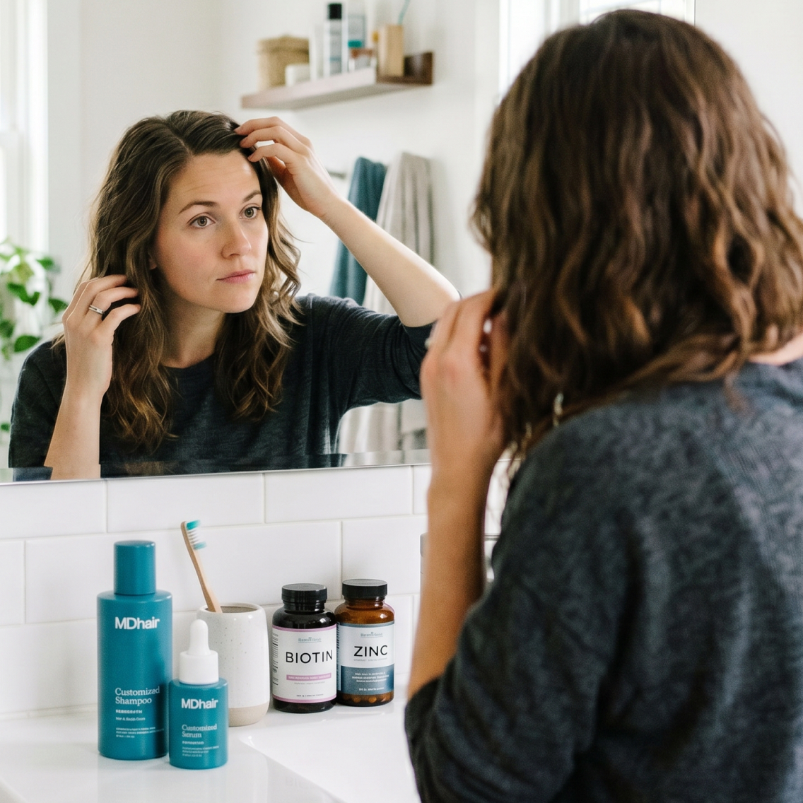 Woman with shoulder-length wavy brown hair wearing a dark shirt, standing in a bathroom looking at herself in the mirror while adjusting her hair with one hand, with various hair care products including MDhair Customized Shampoo, Customized Serum, and bottles labeled Biotin and Zinc on the counter below the mirror.