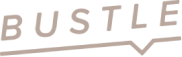The word 'BUSTLE' in uppercase stylized beige lettering with a speech bubble tail connected to the letter L.