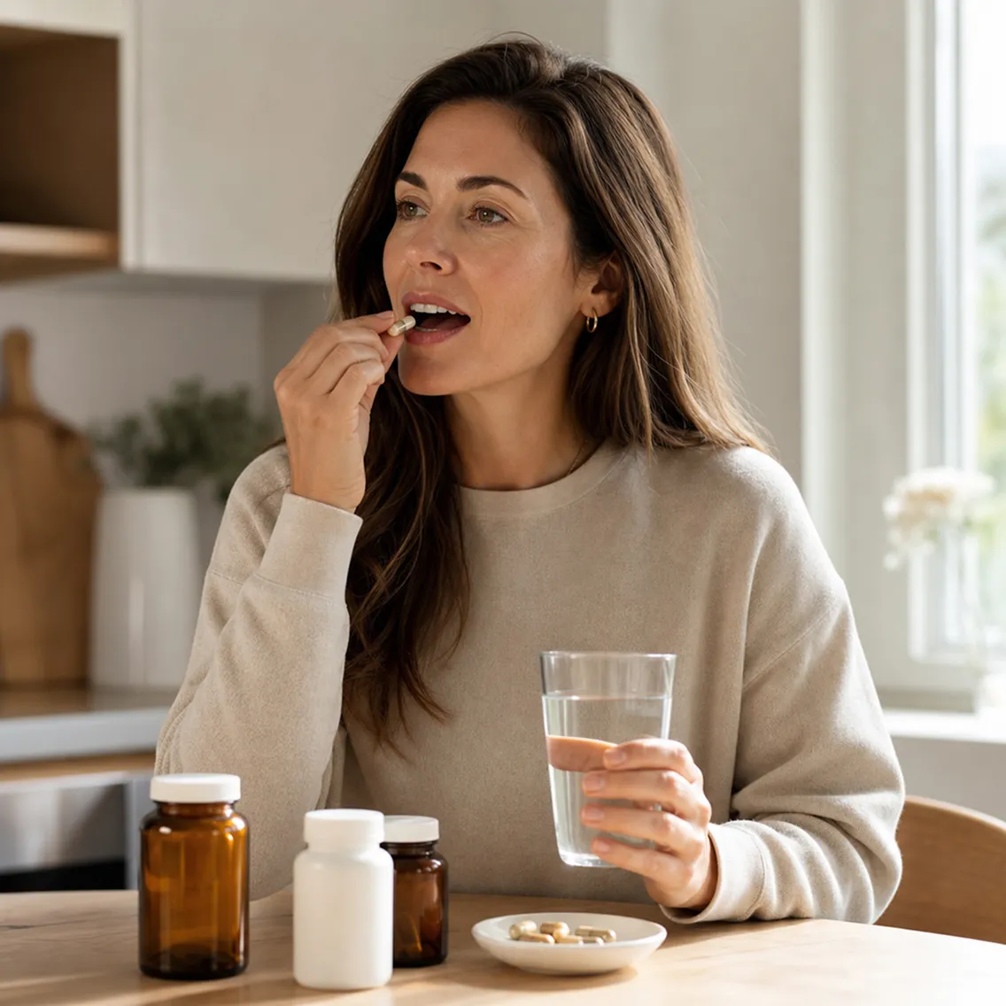 Woman in a beige sweater sitting at a table in a kitchen, holding a glass of water and about to take a capsule pill, with several pill bottles and a plate with capsules on the table.