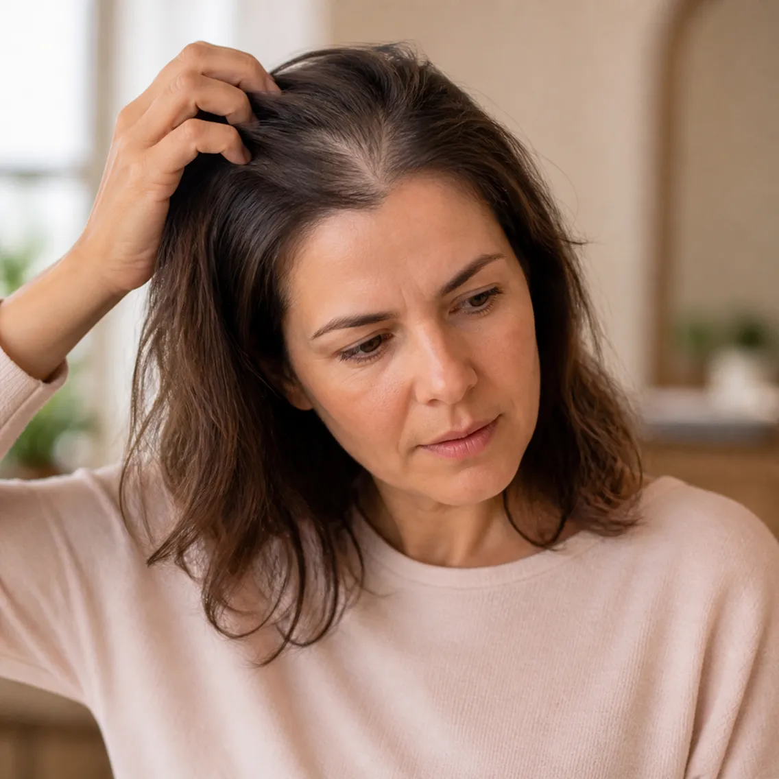 A woman with medium-length brown hair wearing a light beige sweater looks concerned while touching the top of her head, revealing thinning hair near her scalp.