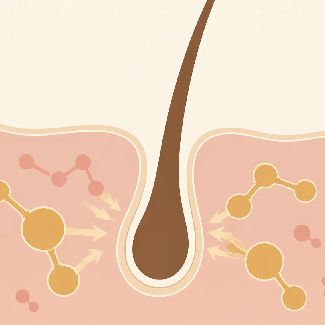 Illustration of a hair follicle embedded in skin layers with molecular structures and arrows indicating active nutrient or chemical interaction around the follicle.