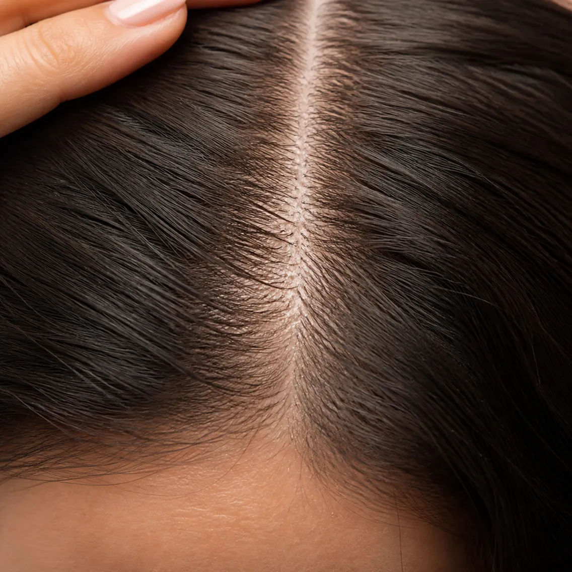 Close-up of a person's scalp with dark hair parted in the middle, showing natural hairline and skin texture.