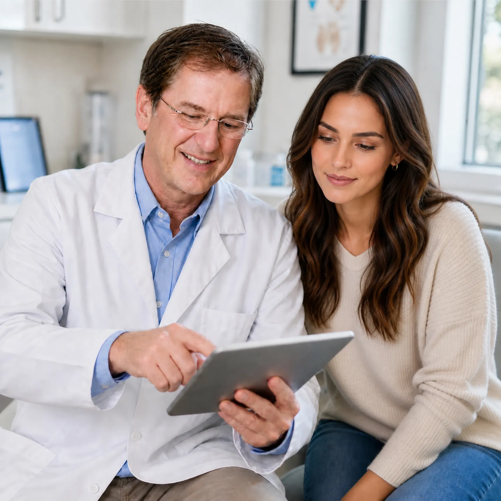 Smiling male doctor in a white coat showing something on a tablet to a woman with long dark hair wearing a beige sweater and blue jeans in a bright medical office.