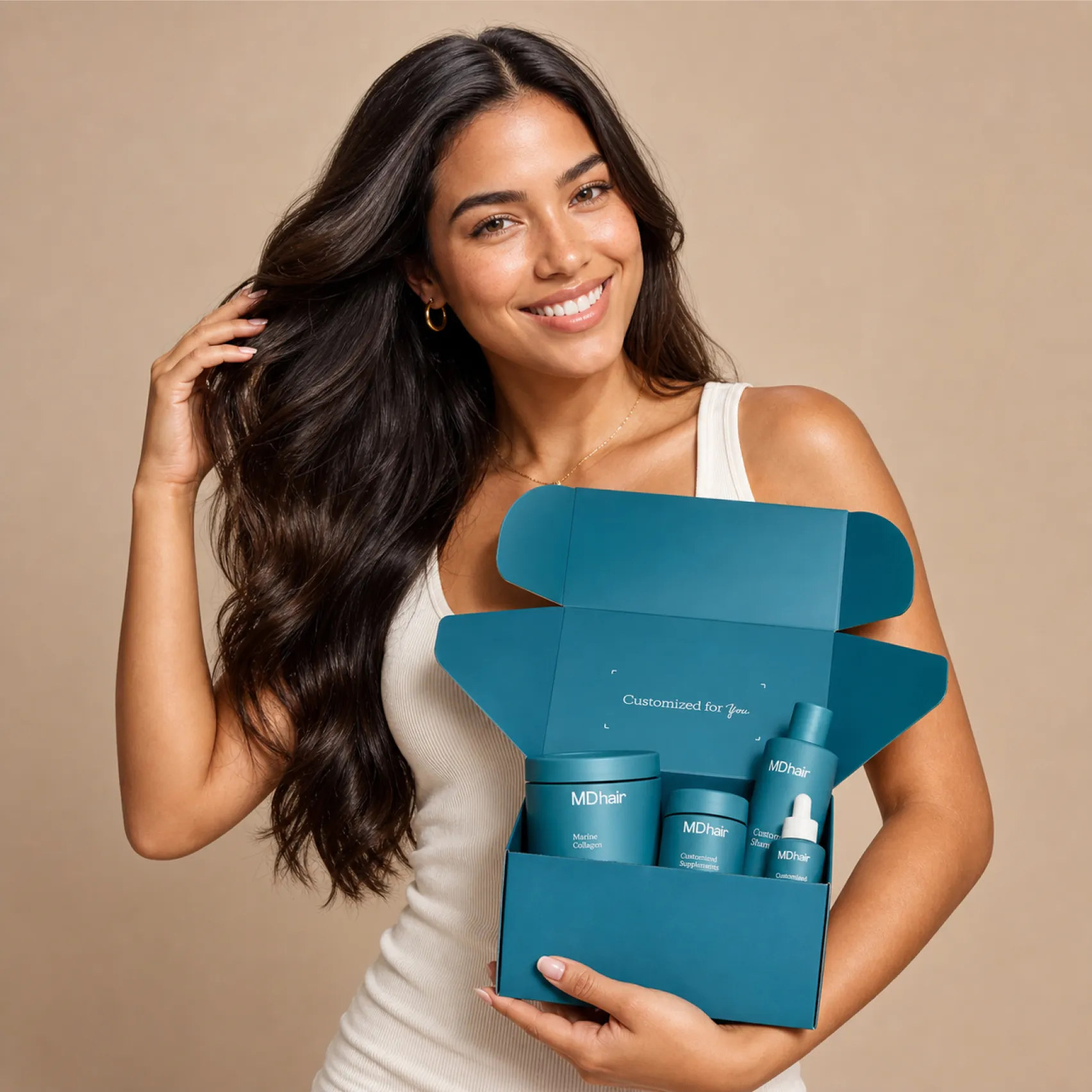 Smiling woman with long dark hair wearing a white tank top holds an open blue box containing MDhair branded hair care products including marine collagen, customized supplements, a shampoo bottle, and a dropper bottle, with the inside lid of the box reading 'Customized for You.'