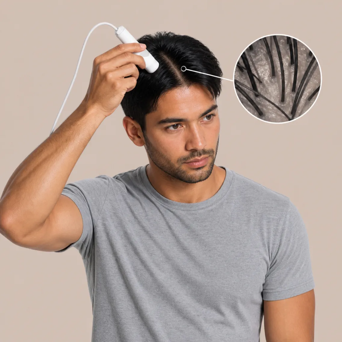 A man with dark hair wearing a gray t-shirt uses a white handheld device on his scalp, with an inset zoom showing close-up of hair follicles on the scalp.