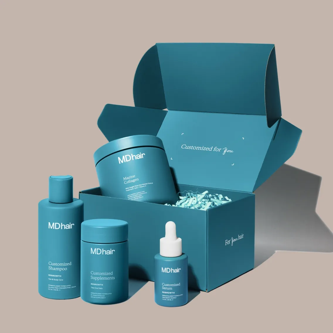 Blue MDhair hair care set with Customized Shampoo, Supplements, Serum, and Marine Collagen inside and beside an open blue box reading 'Customized for You' and 'For Your Hair' on the side.