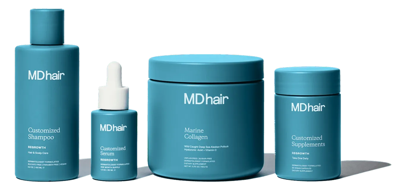 Four MDhair hair care products including Customized Shampoo, Customized Serum with dropper, Marine Collagen jar, and Customized Supplements bottle, all in teal blue packaging with white text.