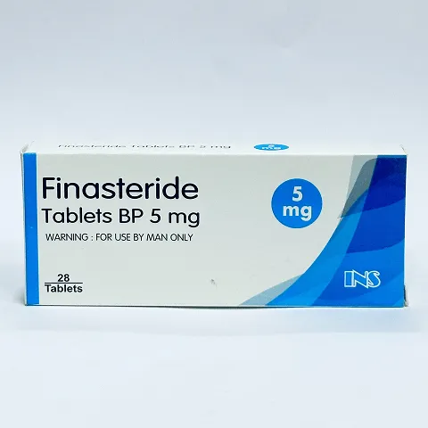 Box of Finasteride tablets containing 28 tablets of 5 mg each, labeled for use by men only with blue and white design.
