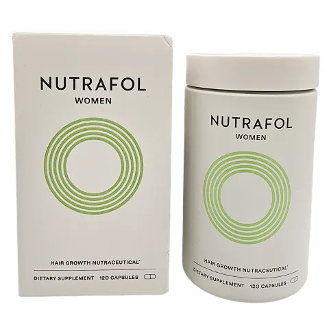 Nutrafol Women dietary supplement box and bottle, both white with a green circular design and labeled for hair growth with 120 capsules each.