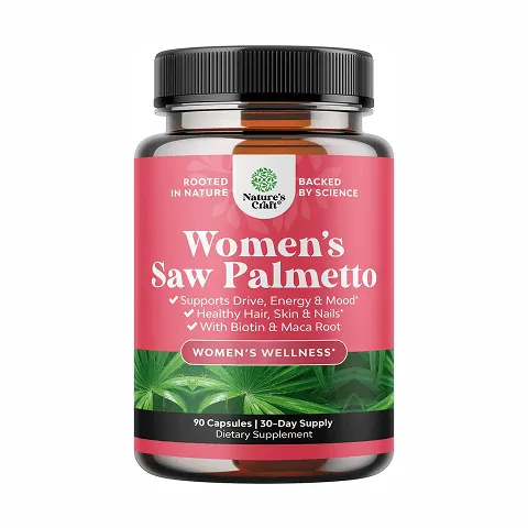 Bottle of Nature's Craft Women's Saw Palmetto dietary supplement with 90 capsules and 30-day supply, supporting drive, energy, mood, healthy hair, skin, nails, with biotin and maca root.