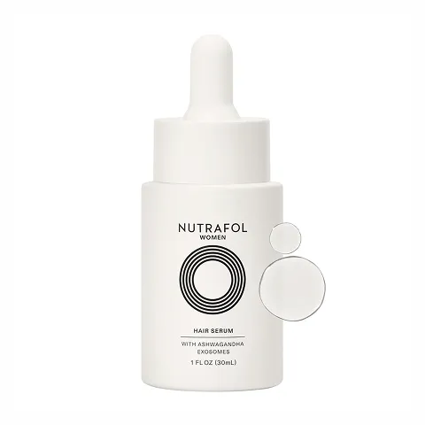 White bottle of Nutrafol Women Hair Serum with dropper, labeled with black circular design and text, alongside two transparent serum droplets on white background.