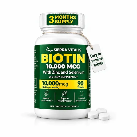 Bottle of Sierra Vitalis Biotin dietary supplement with 10,000 mcg per serving, zinc and selenium, labeled for 3 months supply and 90 tablets, with a tag that says Easy to swallow tablet and three white tablets next to the bottle.