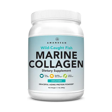 White jar of Amandean Wild-Caught Fish Marine Collagen dietary supplement, unflavored protein powder for graceful aging, skin, hair, joints, and bones, 1.1 lbs.
