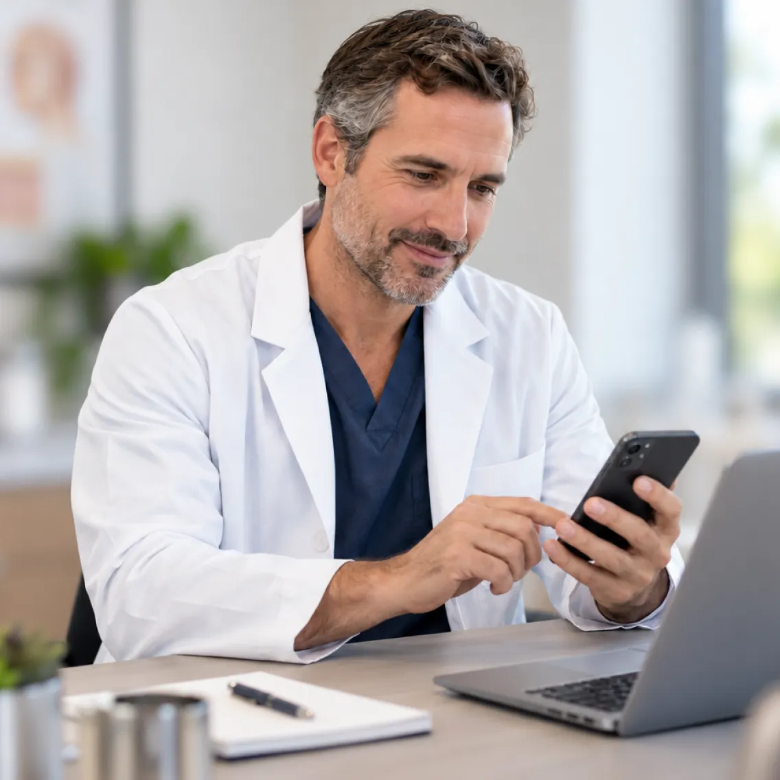 Middle-aged male doctor with gray hair and beard wearing a white coat and navy blue scrubs, sitting at a desk and using a smartphone, with a laptop, notebook, and pen in front of him in a bright office.