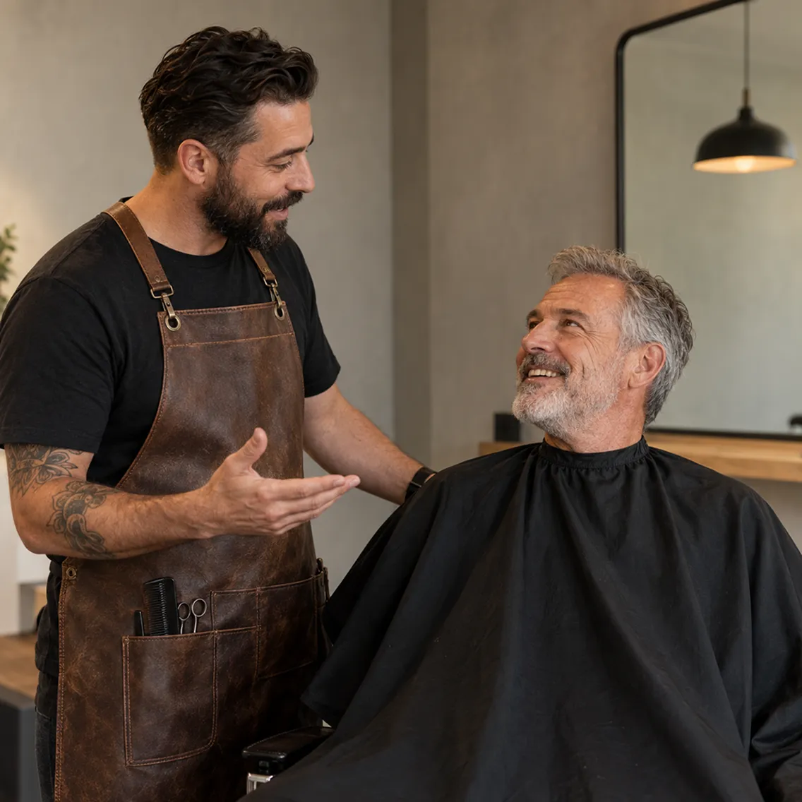 Barber wearing a brown leather apron talking to an older man sitting in a barber chair covered with a black cape, both smiling inside a modern barbershop with a large mirror and pendant light in the background.