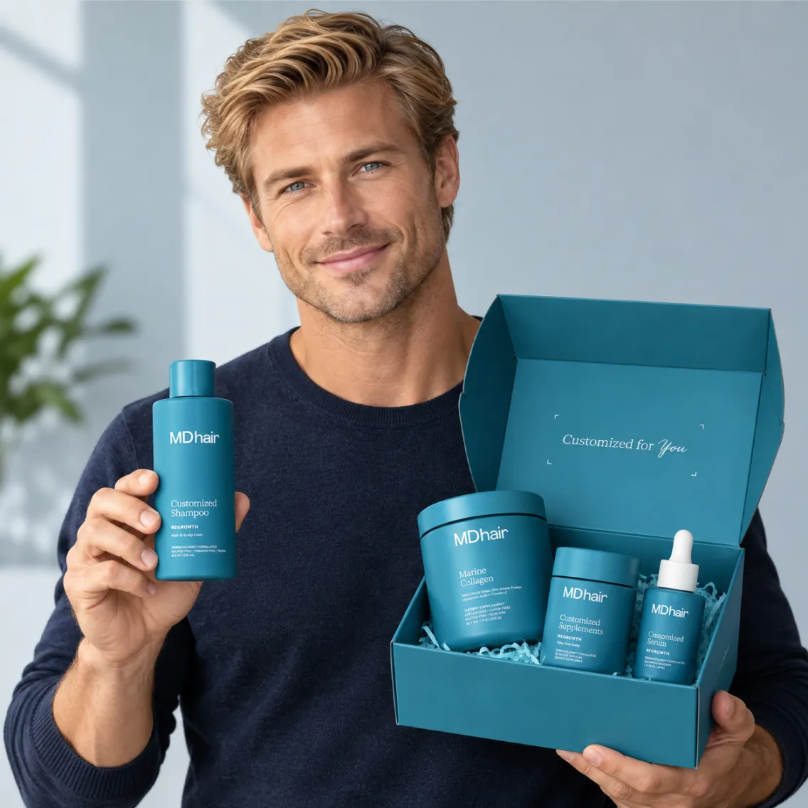 Blonde man in a dark sweater holding a teal bottle of MDhair Customized Shampoo in one hand and an open teal box in the other containing MDhair Marine Collagen, Customized Supplements, and Customized Serum products with text inside the box reading 'Customized for You'.